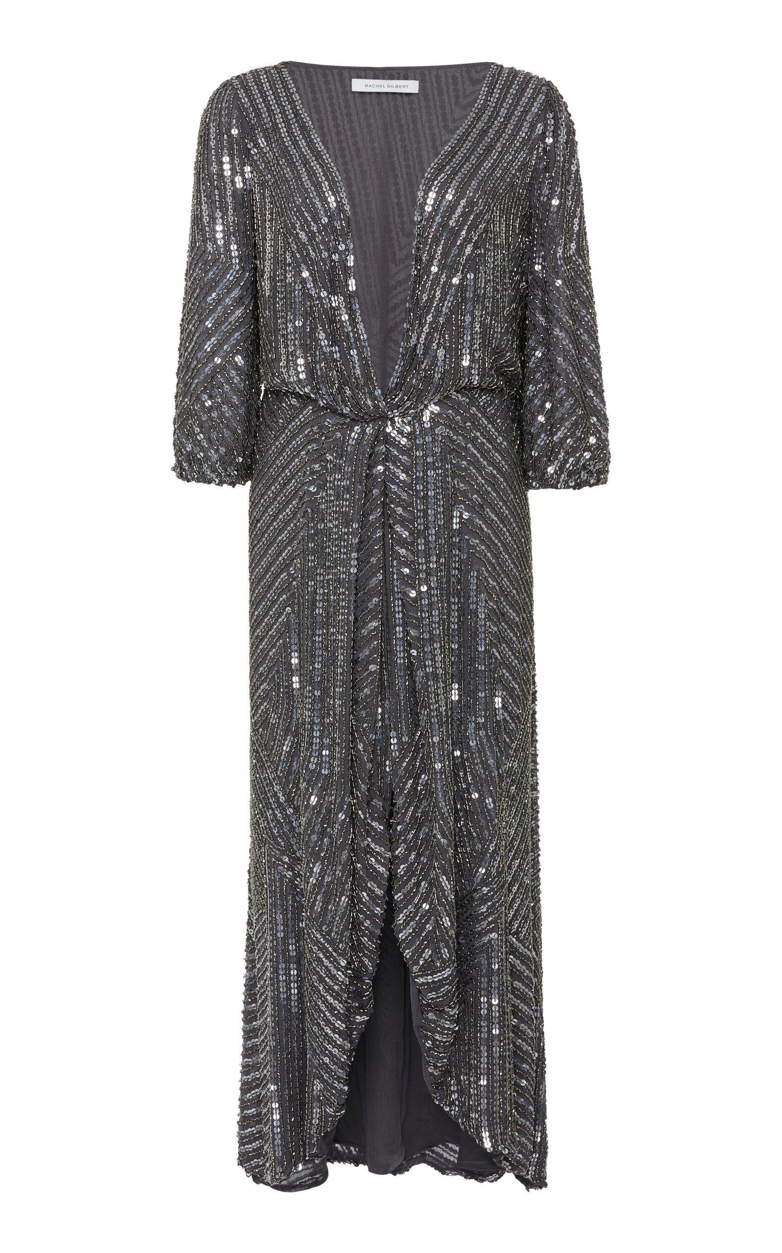 Rachel Gilbert Lovelle Beaded Wrap Dress In Grey | ModeSens